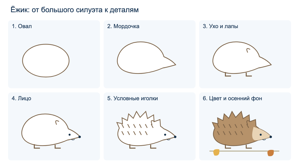 Шесть этапов: овал, мордочка, ухо и лапы, лицо, иголки, осенний фон